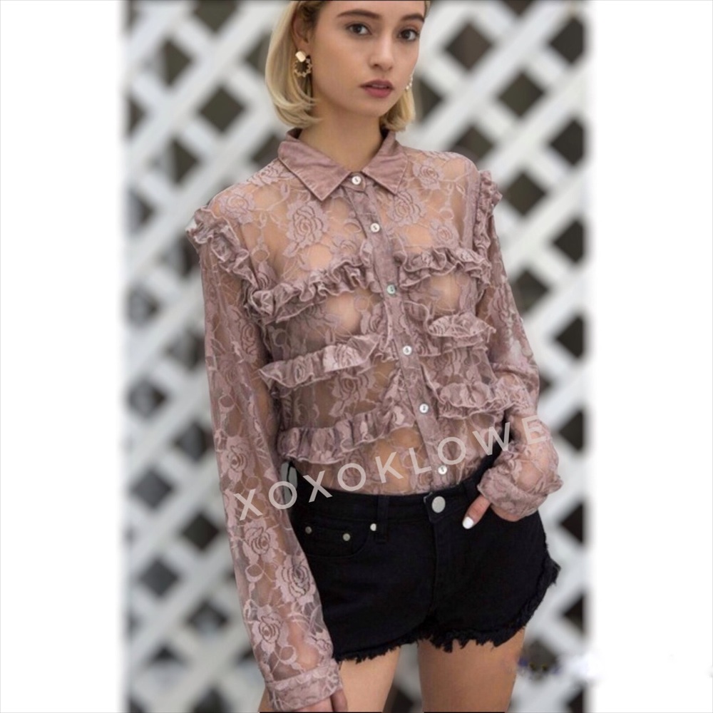 POL Floral Lace Button Down Ruffle Shirt - Picture 3 of 10